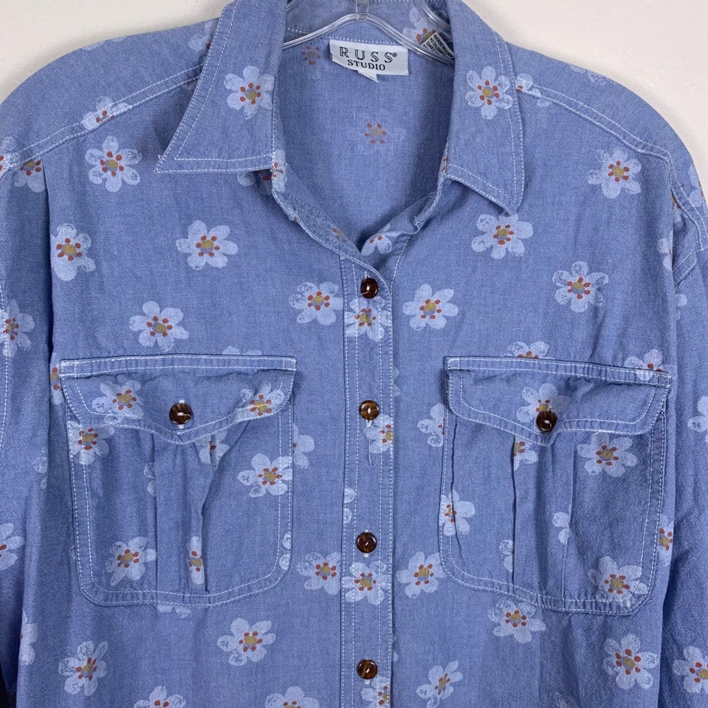 Russ‎ Studio Womens Size 12 Blue Floral Button Up Shirt Long Sleeve Cotton Daisy